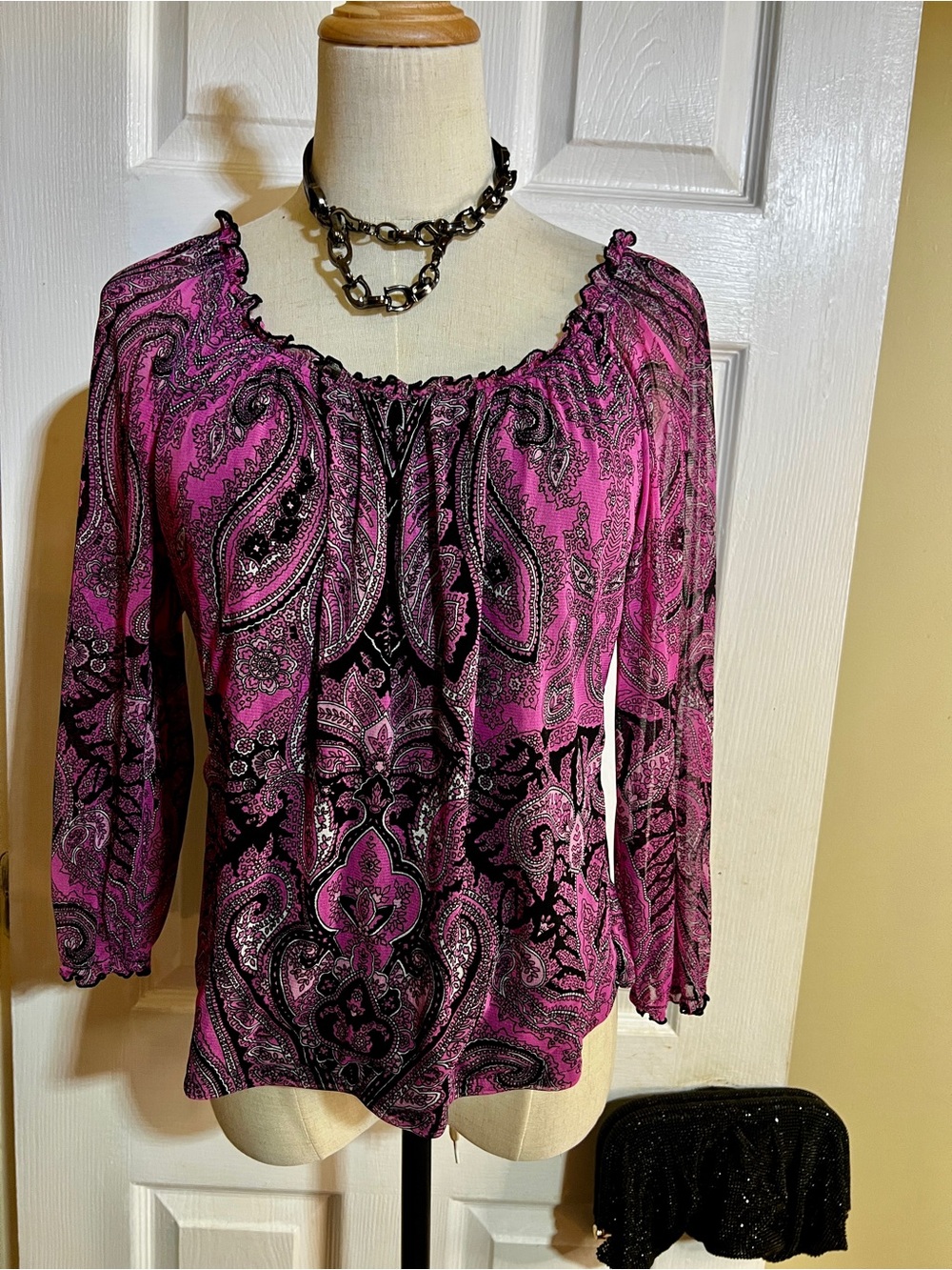 INC Y2K Wms Pink Sheer Mesh Paisley Ruffle Pleated 3/4 Sleeve Boho Top M